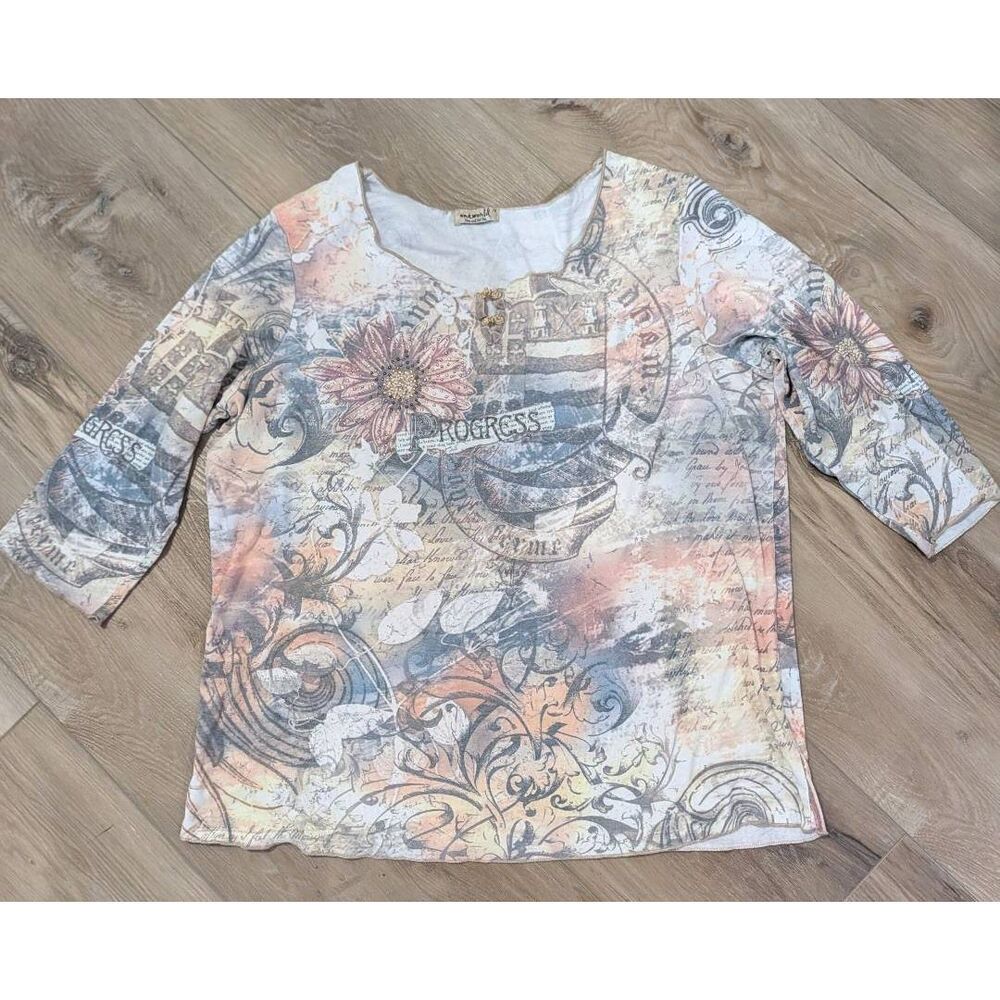 One World 1X Boho Western Floral Rhinestone Top Gypsy Cottagecore 3/4 Sleeve